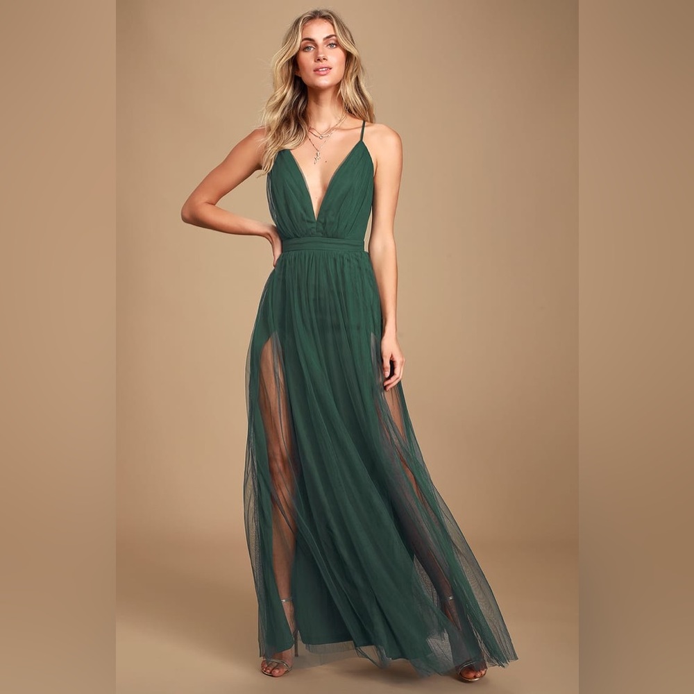 Rare Beauty Hunter Green Tulle Backless Maxi Dress